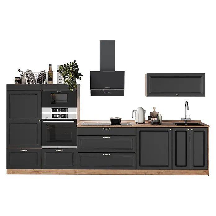 Vicco Küchenzeile - Breite: 340 cm, Anthrazit-Gold Landhaus, Ohne Elektrogeräte - Dunkelgraue Einbauküche mit hellen Holzakzenten, integriertem Backofen-Turm, Kochfeld und Spüle.