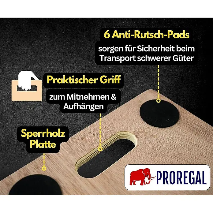 Proregal Transportroller HERCULES 10 Stück Sperrholzplatte - Traglast: 300 kg, Holz - Sperrholz-Transportroller mit 6 Anti-Rutsch-Pads und praktischem Griff zum Tragen und Aufhängen.