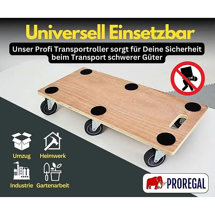 Proregal Transportroller HERCULES 10 Stück Sperrholzplatte - Traglast: 300 kg, Holz - Hölzerner Transportroller mit schwarzen Anti-Rutsch-Pads und Lenkrollen für schwere Lasten.