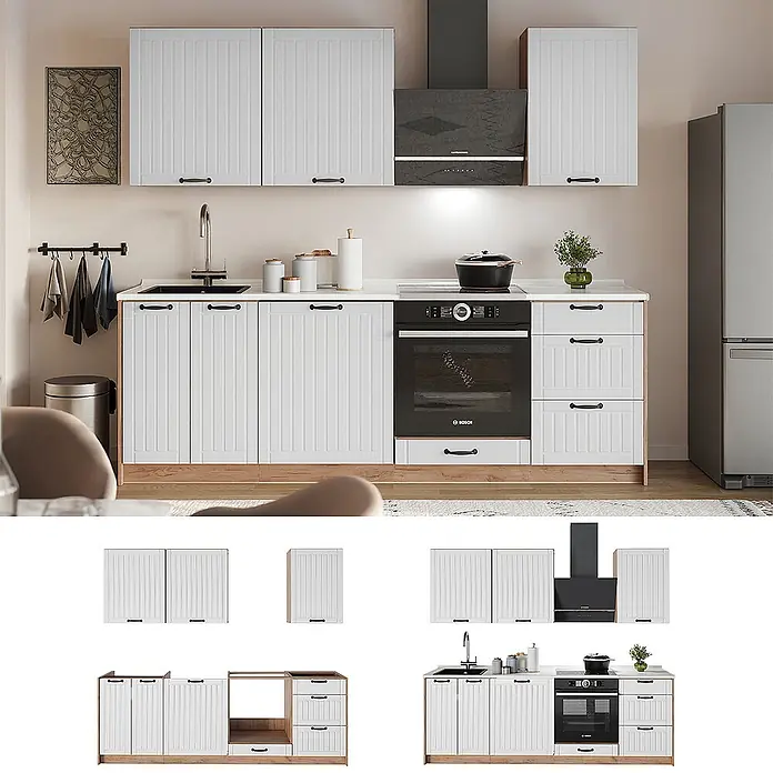 Vicco Küchenzeile - Weiß Landhaus, Ohne Elektrogeräte - Weiße Küchenschrankgarnitur mit gerillten Türen, schwarzen Griffen, hellem Holzsockel sowie integrierter Spüle, Kochfeld und Backofen.