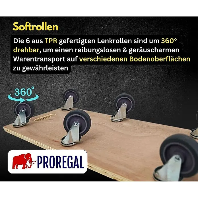 Proregal Transportroller HERCULES 10 Stück Sperrholzplatte - Traglast: 300 kg, Holz - Sechs dunkle TPR-Lenkrollen, 360° drehbar, an einer Holzplatte für geräuscharmen Transport auf verschiedenen Böden.