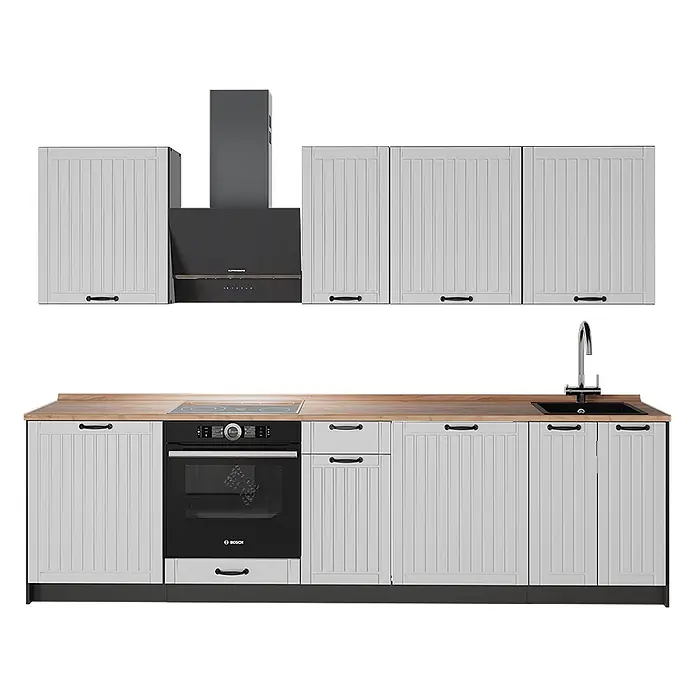 Vicco Küchenzeile - Breite: 280 cm, Weiß Landhaus, Ohne Elektrogeräte - Hellgraue Küchenschränke mit Holzoptik-Arbeitsplatte, schwarzem Backofen, Kochfeld, Dunstabzugshaube und Spüle.