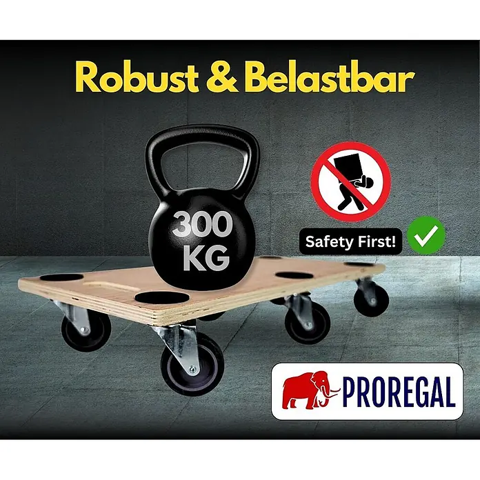 Proregal Transportroller HERCULES 10 Stück Sperrholzplatte - Traglast: 300 kg, Holz - Robuster Rollwagen aus Holz mit mehreren Rollen, trägt einen 300 kg Kettlebell, demonstriert hohe Tragfähigkeit.