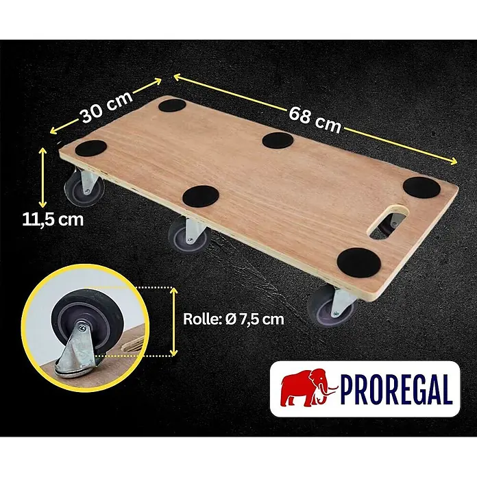 Proregal Transportroller HERCULES 10 Stück Sperrholzplatte - Traglast: 300 kg, Holz - Hölzerner Rollwagen, 68x30x11,5 cm, mit vier Ø 7,5 cm Rädern und Antirutschpads.