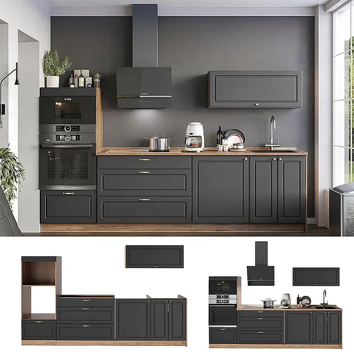 Vicco Küchenzeile - Breite: 280 cm, Anthrazit-Gold Landhaus, Ohne Elektrogeräte - Moderne dunkelgraue Küche mit Holz-Arbeitsplatten und integrierten Geräten: Ofen, Mikrowelle, Spüle und Dunstabzugshaube.