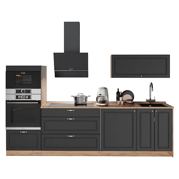 Vicco Küchenzeile - Breite: 280 cm, Anthrazit-Gold Landhaus, Ohne Elektrogeräte - Dunkelgraue modulare Küche mit Holz-Arbeitsplatte, Einbaugeräten, Spüle und Dunstabzugshaube.