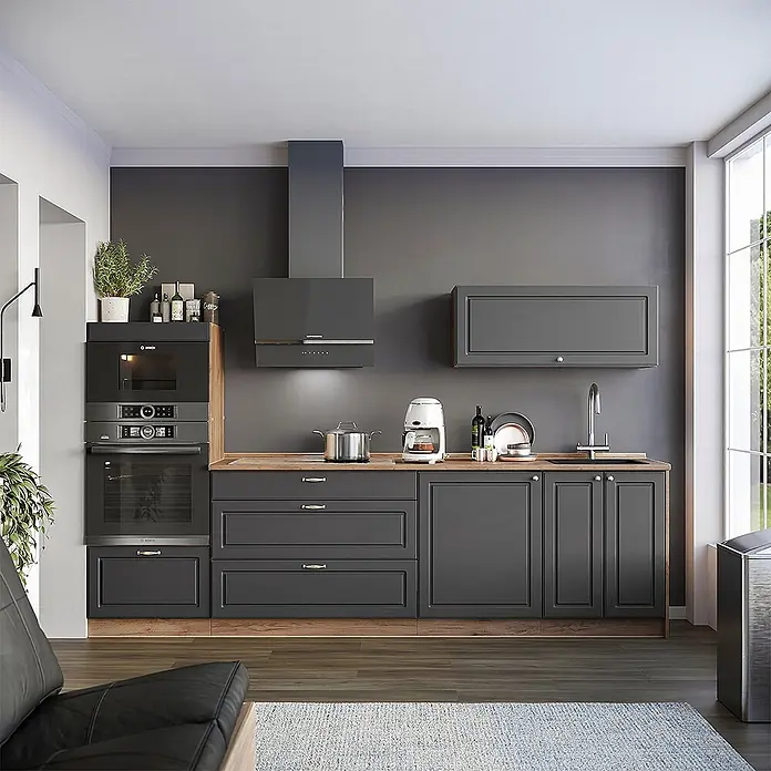 Vicco Küchenzeile - Breite: 280 cm, Anthrazit-Gold Landhaus, Ohne Elektrogeräte - Moderne Küche mit dunkelgrauen Schränken, Holz-Arbeitsplatten, integrierten Öfen und passender Dunstabzugshaube.