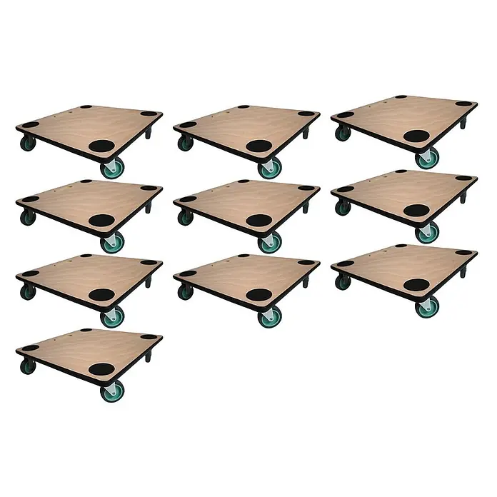 Proregal Transportroller HERCULES 10 Stück Sperrholzplatte - Traglast: 150 kg, Holz - Neun quadratische Holzrollbretter mit schwarzen Anti-Rutsch-Pads und türkisen Rollen.