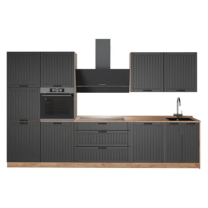Vicco Küchenzeile - Breite: 340 cm, Dunkelgrau, Ohne Elektrogeräte - Dunkelgraue Küchenschränke mit Holzplatte, integriertem Ofen, Kochfeld, Dunstabzugshaube und Spüle.