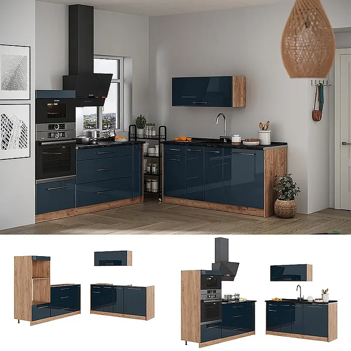 Vicco Küchenzeile - Dunkelblau Hochglanz, Ohne Elektrogeräte - Moderne L-förmige Küche mit dunkelblauen Hochglanzschränken und hellen Holzapplikationen, inkl. Geräten und Spüle.