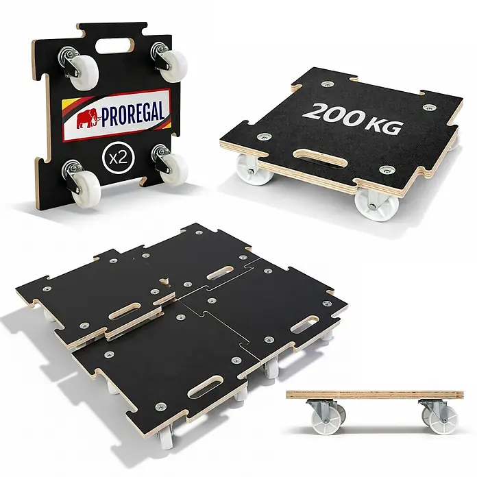 Proregal Transportroller HERCULES 2 Stück Siebdruckplatte modular - Traglast: 200 kg, Holz - Schwarze Holz-Transportroller mit weißen Rädern, einzeln und verbunden gezeigt, 200 KG Traglast.