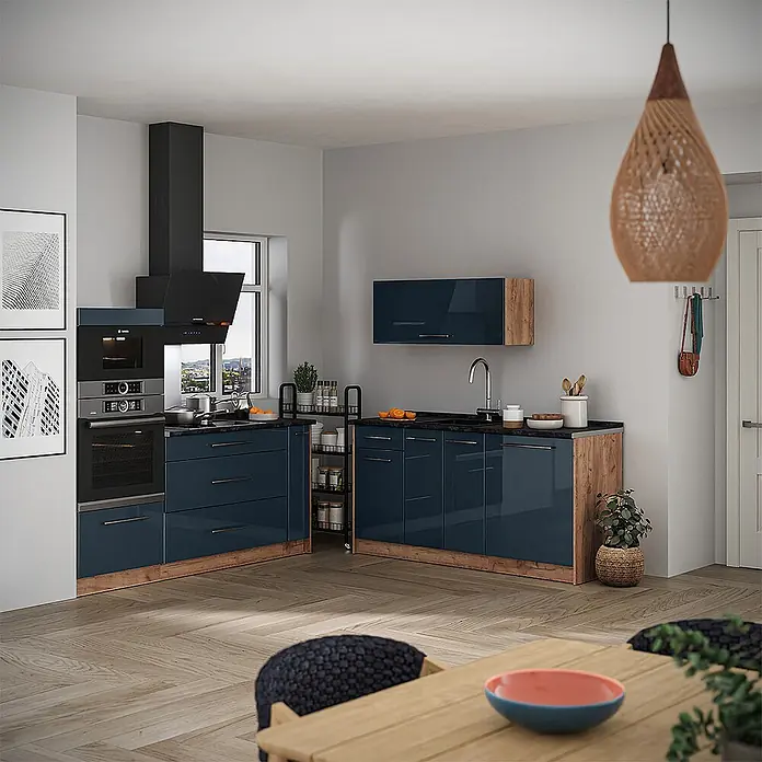 Vicco Küchenzeile - Dunkelblau Hochglanz, Ohne Elektrogeräte - Moderne Küche mit glänzenden marineblauen Schränken und hellen Holzsockeln, mit integrierten Geräten und schlankem Design.
