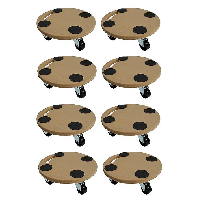 Proregal Transportroller HERCULES Rund MDF Holzplatte - Traglast: 100 kg, Holz - Acht runde hellbraune Pflanzenroller aus Holz mit schwarzen Anti-Rutsch-Pads und Lenkrollen zum Bewegen von Töpfen oder Möbeln.