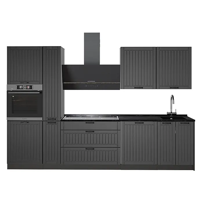 Vicco Küchenzeile - Breite: 310 cm, Dunkelgrau, Ohne Elektrogeräte - Dunkelgraue klassische Küche mit geriffelten Schränken, integriertem Backofen, Kochfeld, Dunstabzugshaube und Spüle.