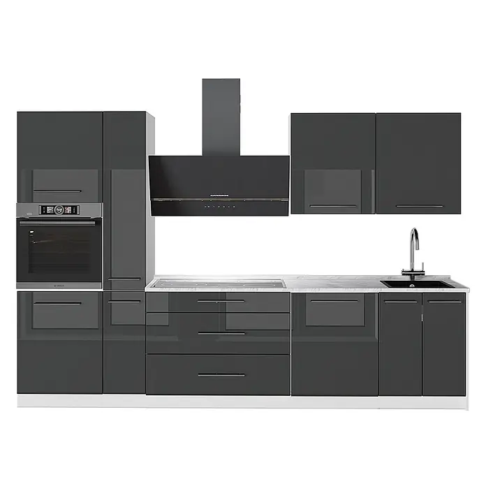 Vicco Küchenzeile - Breite: 310 cm, Anthrazit Hochglanz, Ohne Elektrogeräte - Modernes dunkelgraues Hochglanz-Küchenset mit integriertem Backofen, Kochfeld, Spüle und Dunstabzugshaube.