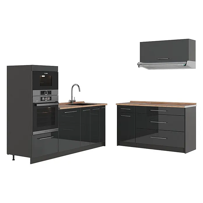 Vicco Küchenzeile - Breite: 340 cm, Anthrazit Hochglanz, Ohne Elektrogeräte - Moderne dunkelgraue Hochglanz-Küchenmodule mit Holzoptik-Arbeitsplatten, integriertem Ofen, Mikrowelle, Kochfeld, Spüle und Dunstabzugshaube.