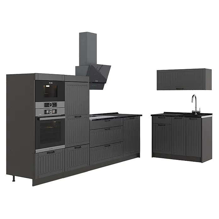 Vicco Küchenzeile - Breite: 380 cm, Dunkelgrau, Ohne Elektrogeräte - Modernes dunkelgraues Küchenschränke-Set mit Rillenfronten, integriertem Ofen, Mikrowelle, Spüle und Dunstabzugshaube.