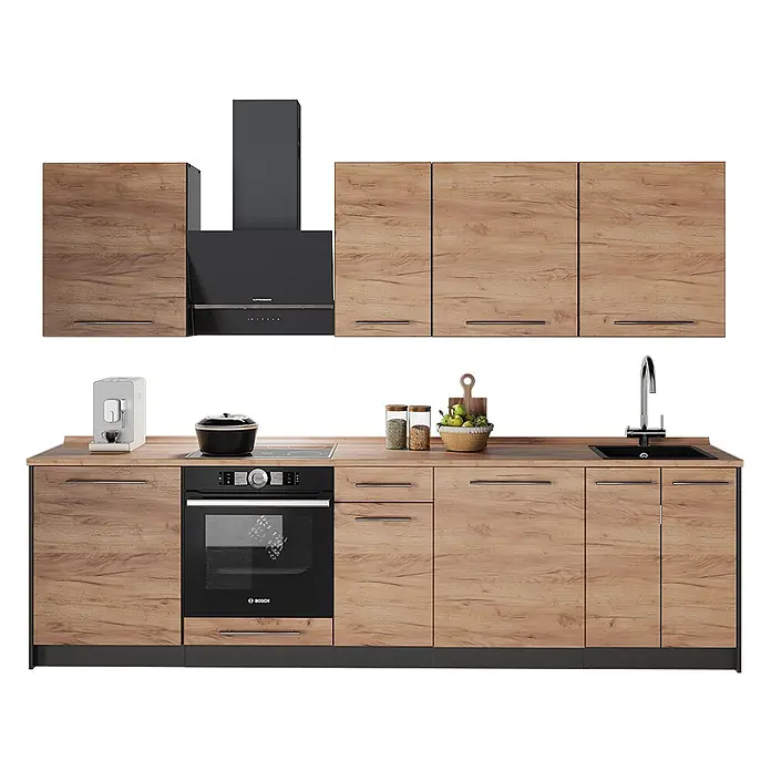 Vicco Küchenzeile - Breite: 280 cm, Goldkraft Eiche, Ohne Elektrogeräte - Moderne Modulküche mit Holzoptik-Schränken und schwarzen Einbaugeräten wie Backofen, Kochfeld, Spüle und Dunstabzugshaube.