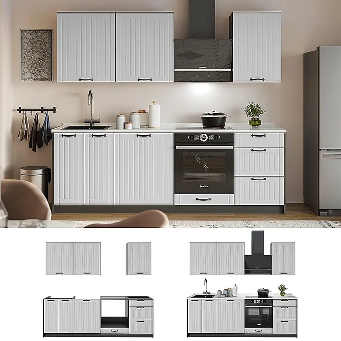 Vicco Küchenzeile - Breite: 230 cm, Weiß Landhaus, Ohne Elektrogeräte - Hellgraue Küchenschränke mit schwarzen Griffen und weißer Arbeitsplatte, inklusive Spüle, Backofen und Kochfeld.