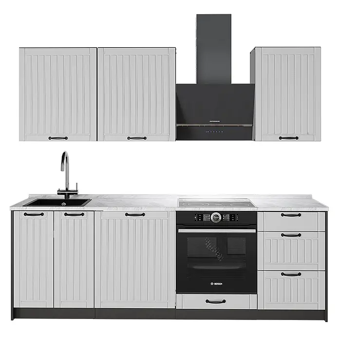 Vicco Küchenzeile - Breite: 230 cm, Weiß Landhaus, Ohne Elektrogeräte - Moderne Küchenzeile mit hellgrauen Lamellenschränken, weißer Marmor-Arbeitsplatte, schwarzer Spüle, Ofen, Kochfeld und dunkler Dunstabzugshaube.
