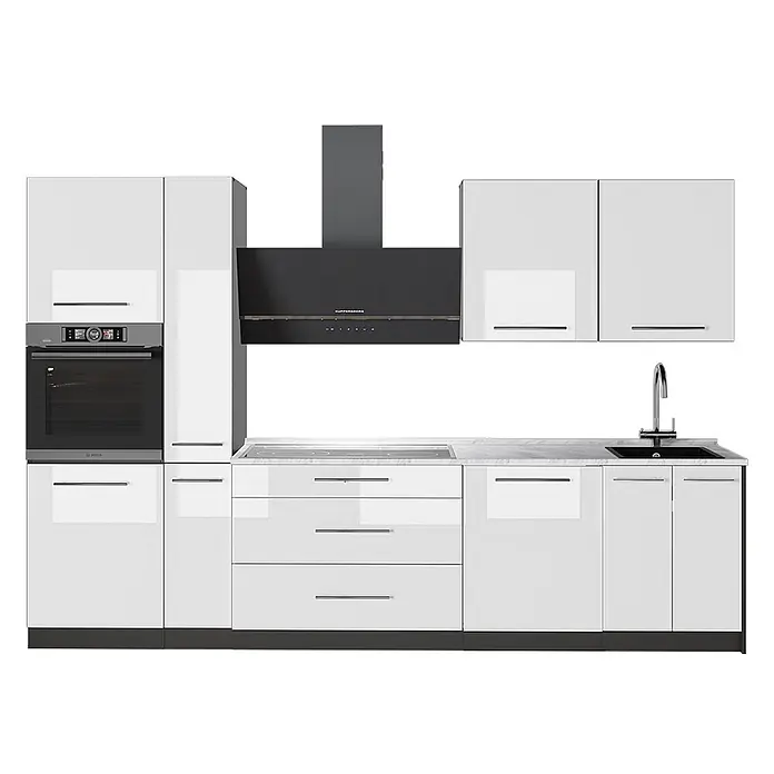 Vicco Küchenzeile - Weiß Hochglanz, Ohne Elektrogeräte - Moderne weiße Küche mit integriertem schwarzem Ofen, Kochfeld, Dunstabzug und Spüle. Hochglanzschränke und Schubladen.