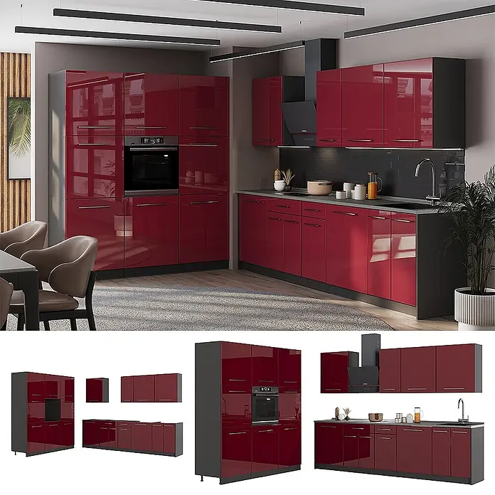 Vicco Küchenzeile - Bordeaux Hochglanz, Ohne Elektrogeräte - Moderne modulare Küche mit hochglänzenden roten Fronten und dunkelgrauen Akzenten, inklusive Backofen, Spüle und Kochfeld.