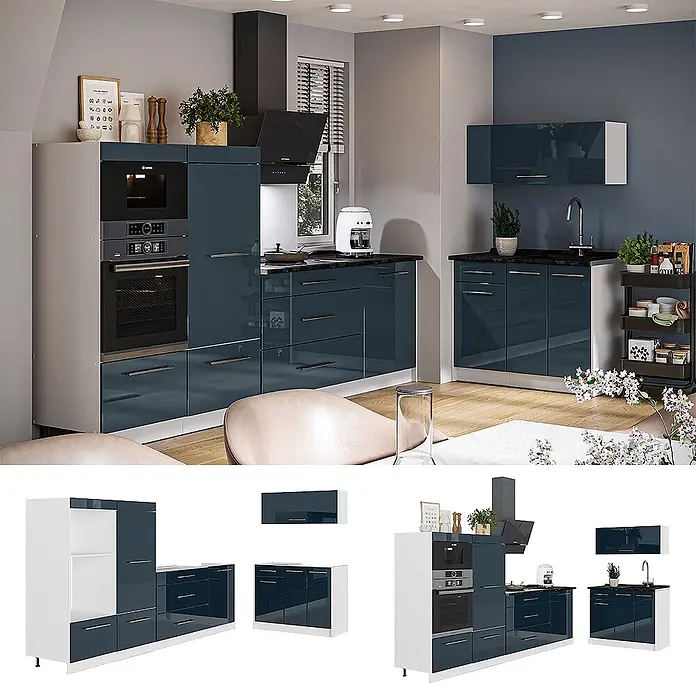 Vicco Küchenzeile - Breite: 380 cm, Dunkelblau Hochglanz, Ohne Elektrogeräte - Moderne Küche mit glänzend dunkelblauen modularen Schränken und hellen Rahmen, inklusive Einbaugeräten und einzelnen Schrankmodulen.