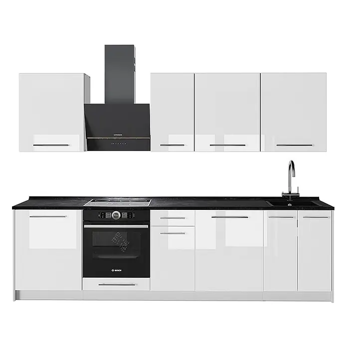 Vicco Küchenzeile - Weiß Hochglanz, Ohne Elektrogeräte - Moderne Küchenzeile mit glänzend weißen Schränken, schwarzer Arbeitsplatte, integriertem Backofen, Kochfeld, Spüle und Dunstabzugshaube.