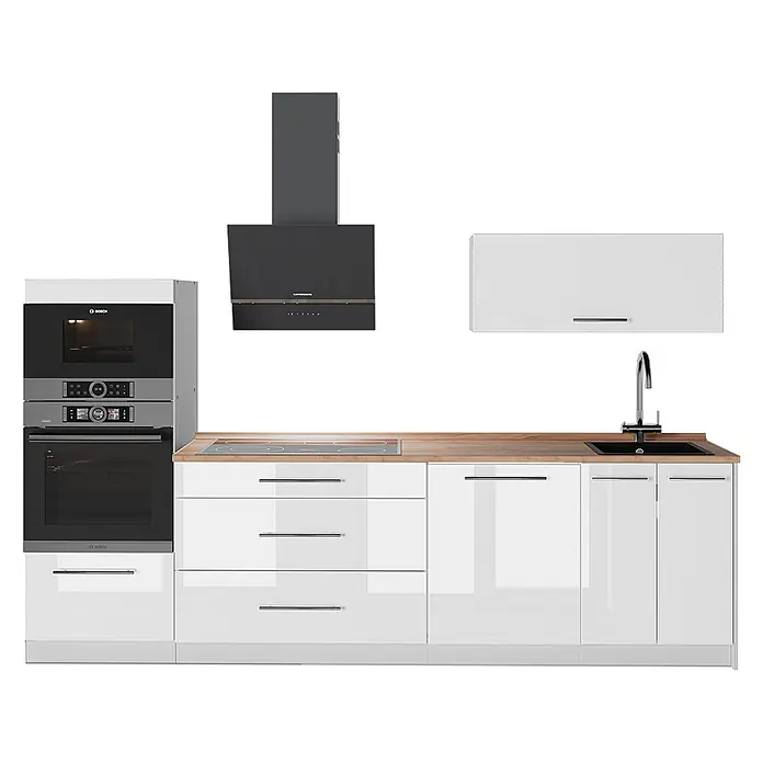 Vicco Küchenzeile - Weiß Hochglanz, Ohne Elektrogeräte - Moderne weiße Hochglanzküche mit Holzplatte, eingebauten Bosch-Öfen, KUPPERSBERG-Dunstabzug und schwarzer Spüle.