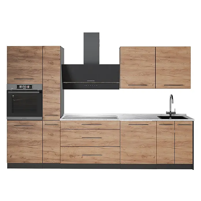 Vicco Küchenzeile - Goldkraft Eiche, Ohne Elektrogeräte - Moderne Küchenzeile mit Holzmaserungsschränken, integriertem Backofen, Kochfeld, Dunstabzugshaube und Spüle, mit heller Marmorarbeitsplatte.