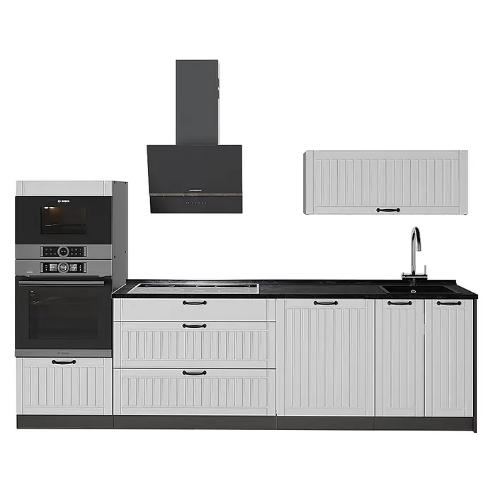 Vicco Küchenzeile - Breite: 280 cm, Weiß Landhaus, Ohne Elektrogeräte - Moderne hellgraue Küche mit integrierten Bosch-Öfen, Induktionskochfeld, Spüle, KÜPPERSBUSCH-Dunstabzugshaube und schwarzer Arbeitsplatte.