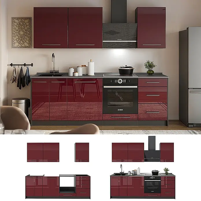Vicco Küchenzeile - Bordeaux Hochglanz, Ohne Elektrogeräte - Modernes Küchenschrank-Set in glänzendem Weinrot mit Ober- und Unterschränken, integriertem Ofen, Spüle und grauer Arbeitsplatte.