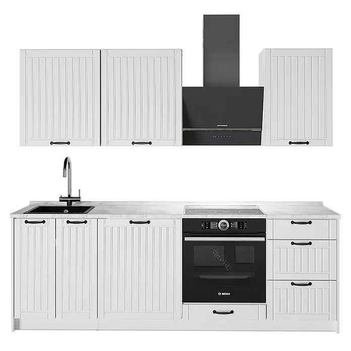 Vicco Küchenzeile - Breite: 230 cm, Weiß Landhaus, Ohne Elektrogeräte - Weiße Küchenzeile mit Kassettenfronten, heller Arbeitsplatte, schwarzer Spüle, Armatur, Kochfeld, Backofen und Dunstabzugshaube.