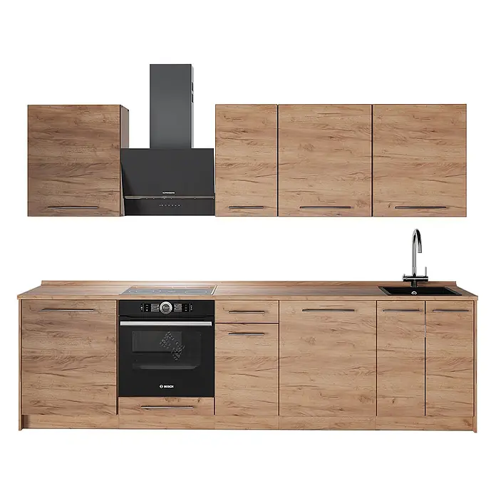 Vicco Küchenzeile - Breite: 280 cm, Goldkraft Eiche, Ohne Elektrogeräte - Komplette Küchenzeile mit hellen Holz-Optik-Schränken, dunkler Arbeitsplatte, schwarzem Backofen, Induktionskochfeld, Spüle und Dunstabzugshaube.