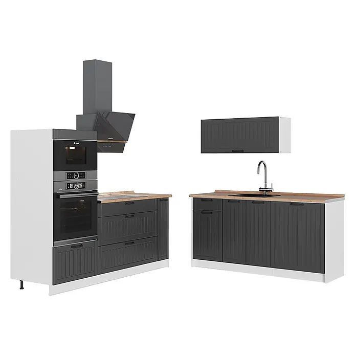Vicco Küchenzeile - Dunkelgrau, Ohne Elektrogeräte - Moderne dunkelgraue Küche mit heller Holzplatte, Einbaubacköfen, Dunstabzugshaube und Spüle.