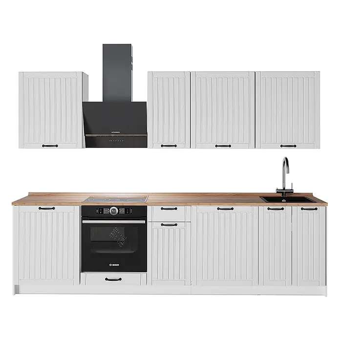 Vicco Küchenzeile - Breite: 280 cm, Weiß Landhaus, Ohne Elektrogeräte - Weißes Küchenset mit Lamellenschränken, Holzplatte, integriertem schwarzem Ofen, Kochfeld, Dunstabzug und Spüle.