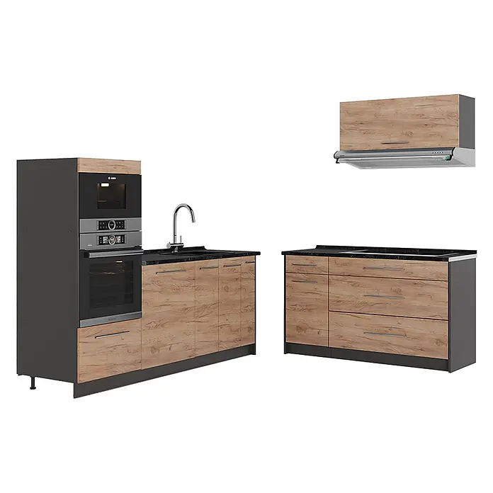 Vicco Küchenzeile - Breite: 340 cm, Goldkraft Eiche, Ohne Elektrogeräte - Moderne Küchenzeile mit hellen Holzmaserungsschränken, dunklen Arbeitsplatten, Backofen, Mikrowelle, Spüle und Dunstabzugshaube.