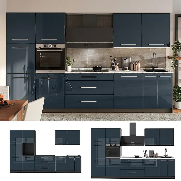 Vicco Küchenzeile - Dunkelblau Hochglanz, Ohne Elektrogeräte - Moderne, hochglänzende dunkelblaue Küchenschränke mit integriertem Backofen, Kochfeld und Spüle.