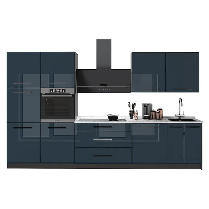 Vicco Küchenzeile - Dunkelblau Hochglanz, Ohne Elektrogeräte - Moderne dunkelblaue Hochglanzküche mit integriertem Backofen, Kochfeld, Dunstabzugshaube und Spüle.