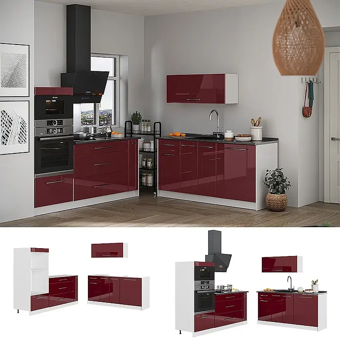Vicco Küchenzeile - Breite: 340 cm, Bordeaux Hochglanz, Ohne Elektrogeräte - Hochglanzrote und weiße modulare Küche mit integriertem Ofen und Spülbereich.