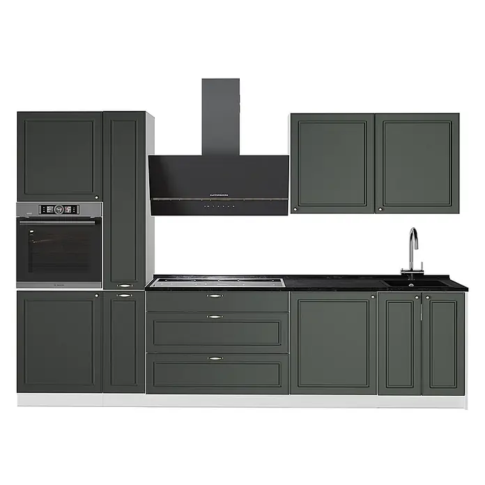 Vicco Küchenzeile - Breite: 310 cm, Grün-Gold Landhaus, Ohne Elektrogeräte - Moderne dunkelgraue Küche mit Kassettenfronten, schwarzer Arbeitsplatte, integriertem Ofen, Kochfeld, Dunstabzug und Spüle.