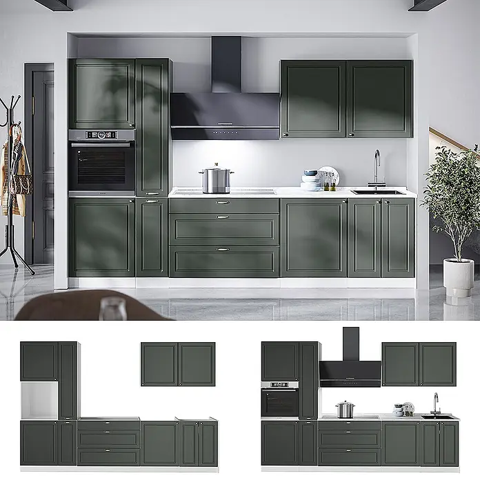 Vicco Küchenzeile - Breite: 310 cm, Grün-Gold Landhaus, Ohne Elektrogeräte - Dunkelgrünes Küchenset mit klassischer Paneeloptik, weißen Arbeitsplatten, integriertem Ofen, Kochfeld, Spüle und Dunstabzugshaube, in einer Küche.