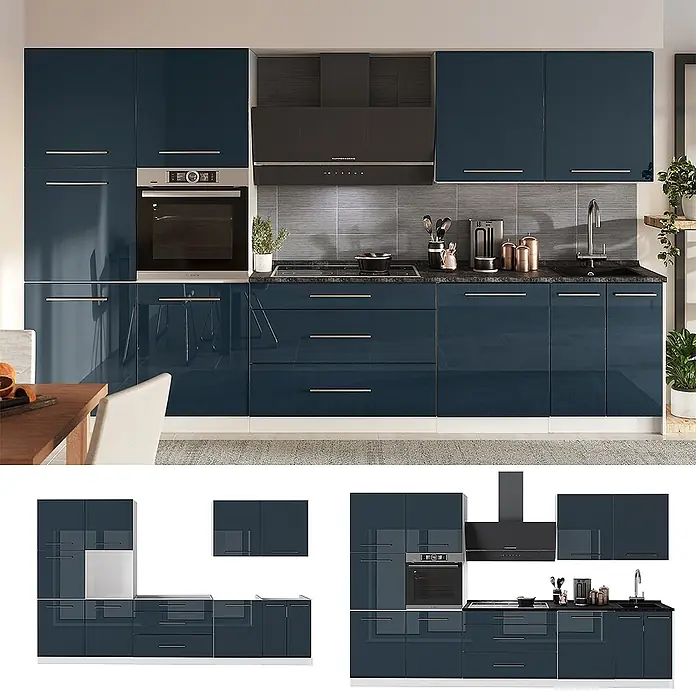 Vicco Küchenzeile - Breite: 340 cm, Dunkelblau Hochglanz, Ohne Elektrogeräte - Moderne, hochglänzende dunkelblaue Küche mit integrierten Geräten wie Backofen, Kochfeld und Spülbeckenbereich.