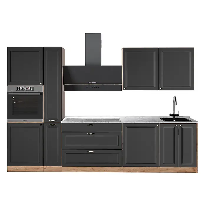 Vicco Küchenzeile - Breite: 310 cm, Anthrazit-Gold Landhaus, Ohne Elektrogeräte - Moderne dunkelgraue Küchenschränke mit Holzsockel, integriertem Backofen, Kochfeld, Spüle und Dunstabzugshaube.
