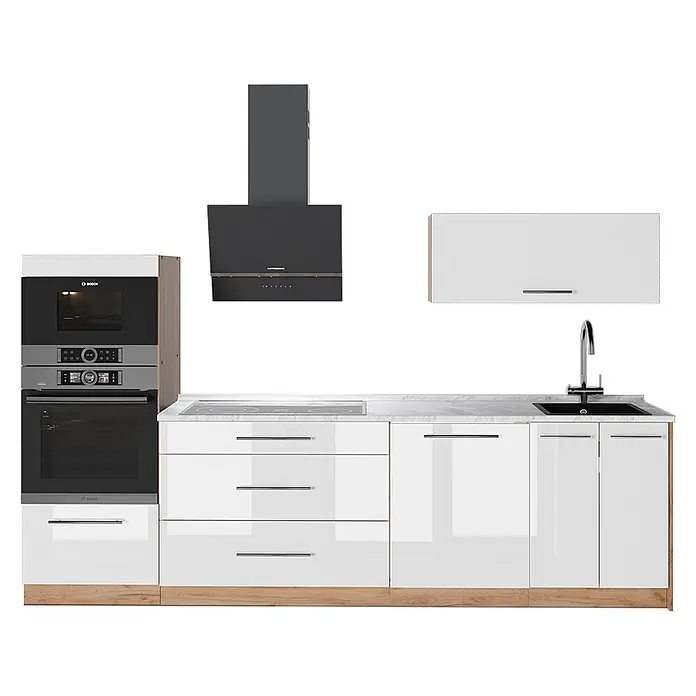 Vicco Küchenzeile - Weiß Hochglanz, Ohne Elektrogeräte - Moderne, glänzende weiße Küche mit hellem Holzsockel, integriertem Backofen, Kochfeld, Spüle und dunkler Dunstabzugshaube auf Marmorarbeitsplatte.