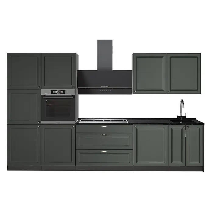 Vicco Küchenzeile - Breite: 340 cm, Grün-Gold Landhaus, Ohne Elektrogeräte - Moderne dunkelgraue Küchenzeile mit integriertem Backofen, Kochfeld, Spüle und Dunstabzugshaube.