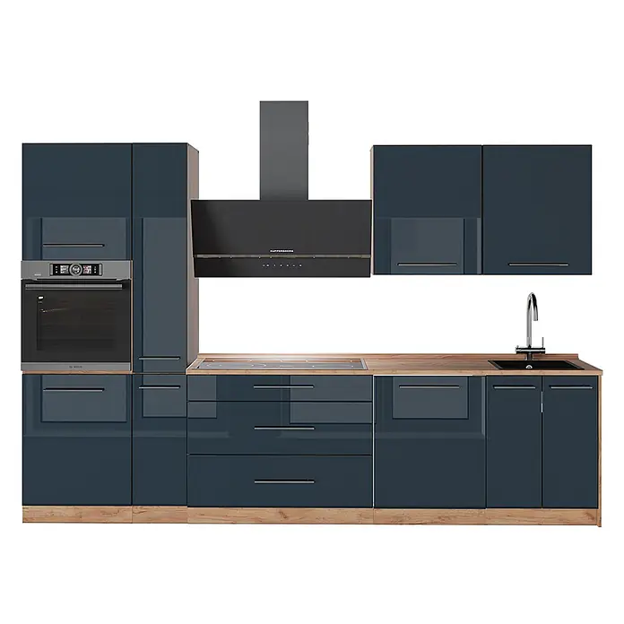 Vicco Küchenzeile - Dunkelblau Hochglanz, Ohne Elektrogeräte - Moderne Küchenzeile mit dunkelblauen Hochglanzschränken, hellen Holzplatten, integriertem Backofen, Kochfeld, Spüle und Dunstabzugshaube.