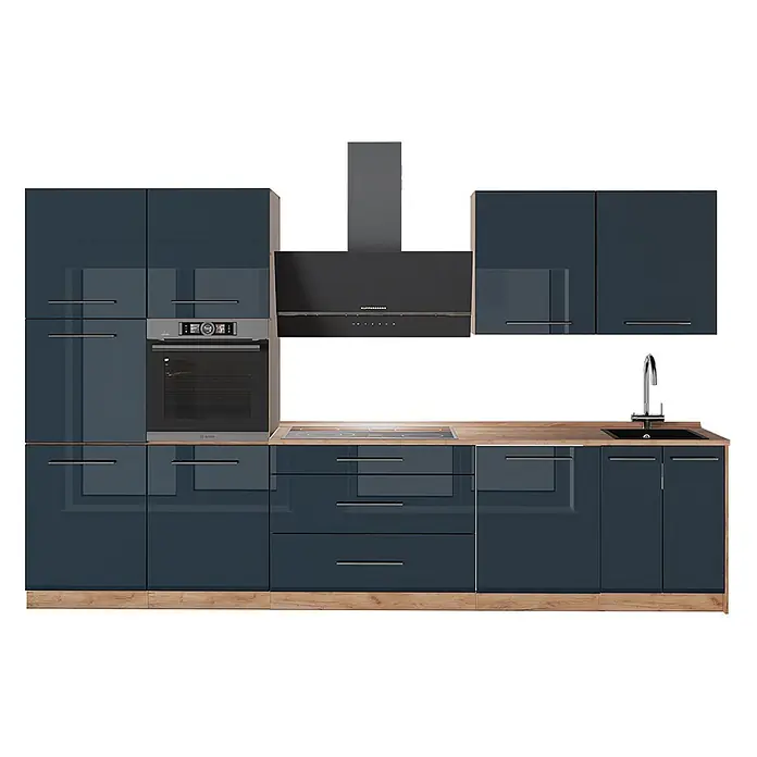 Vicco Küchenzeile - Dunkelblau Hochglanz, Ohne Elektrogeräte - Moderne dunkelblaue Hochglanzküche mit Holztheke, integriertem Backofen, Kochfeld, Spüle und Dunstabzugshaube.
