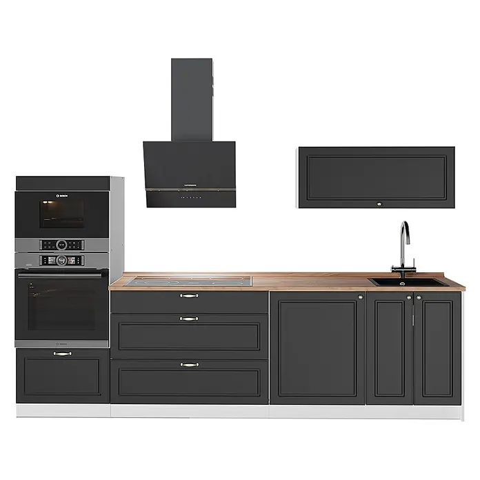 Vicco Küchenzeile - Breite: 280 cm, Anthrazit-Gold Landhaus, Ohne Elektrogeräte - Moderne dunkelgraue Küchenschränke mit Holzoptik-Arbeitsplatte, integrierten Öfen, Induktionskochfeld, Spüle und Dunstabzugshaube.