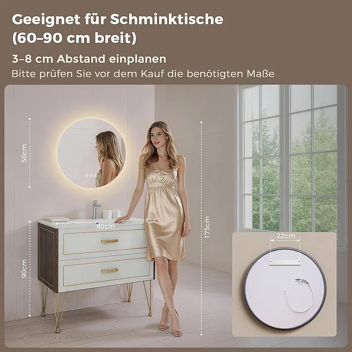 S'AFIELINA Lichtspiegel Luna - 50 x 50 cm, Leuchtmittel - Runder LED-Spiegel für Schminktische, über einem Waschtisch mit Abmessungen gezeigt. Geeignet für 60-90 cm breite Tische.
